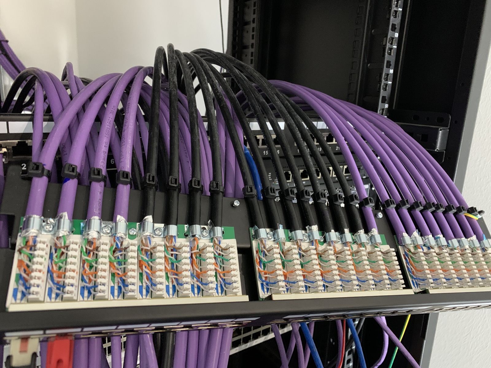 Cat6 cabling dressed into patch panels and PoE switches